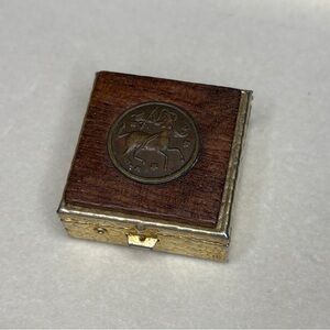 Vintage 1950’s Wood & Bronze Token Pill Case (Sagittarius) 1.25x1.25”